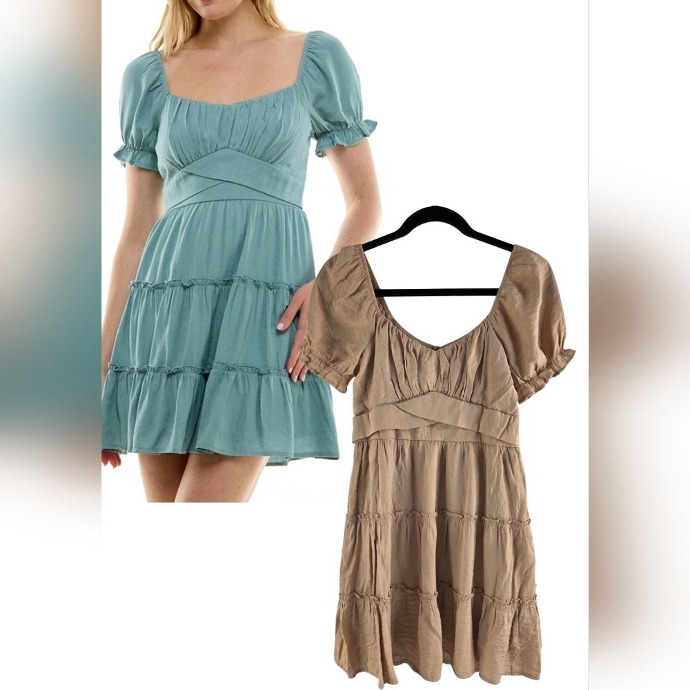Trixxi L Emma Puff Sleeve Fit & Flare Boho Tiered Dress Beige Tan BM-2608